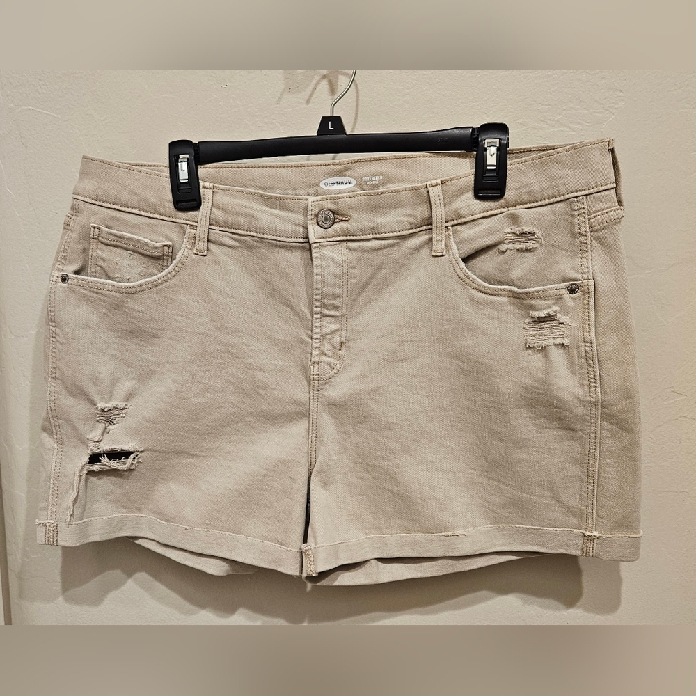 Old Navy Boyfriend Shorts Denim Beige Mid Rise Cuffed Distressed Size 18